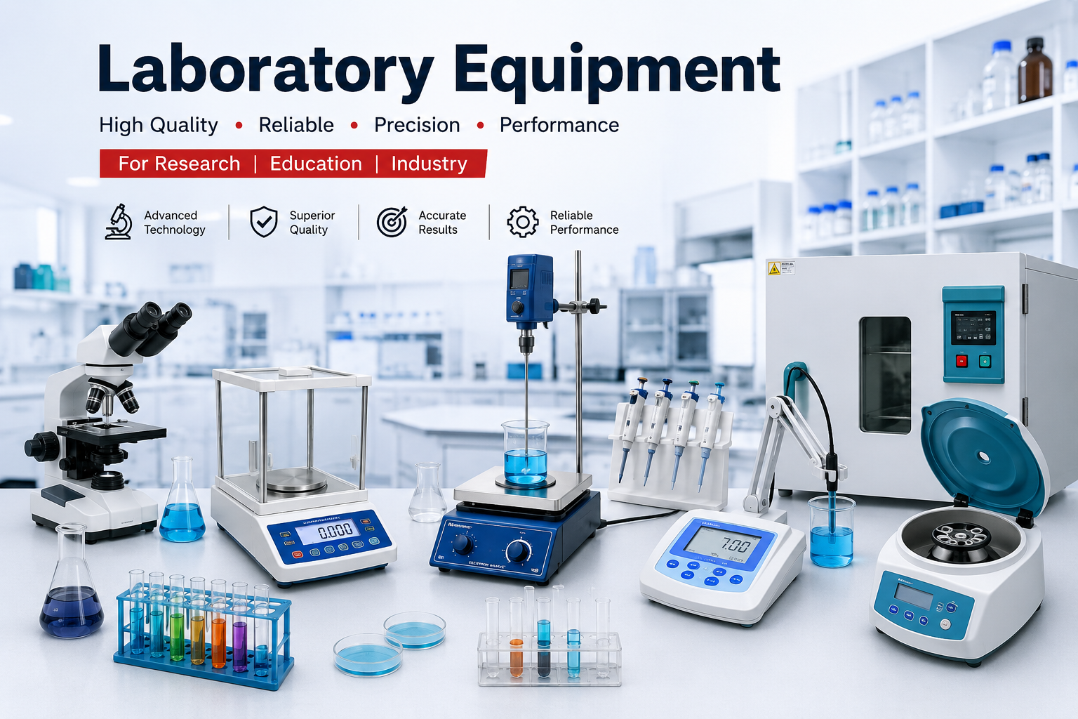 Modern laboratory setup with microscope, analytical instruments, and scientific testing equipment